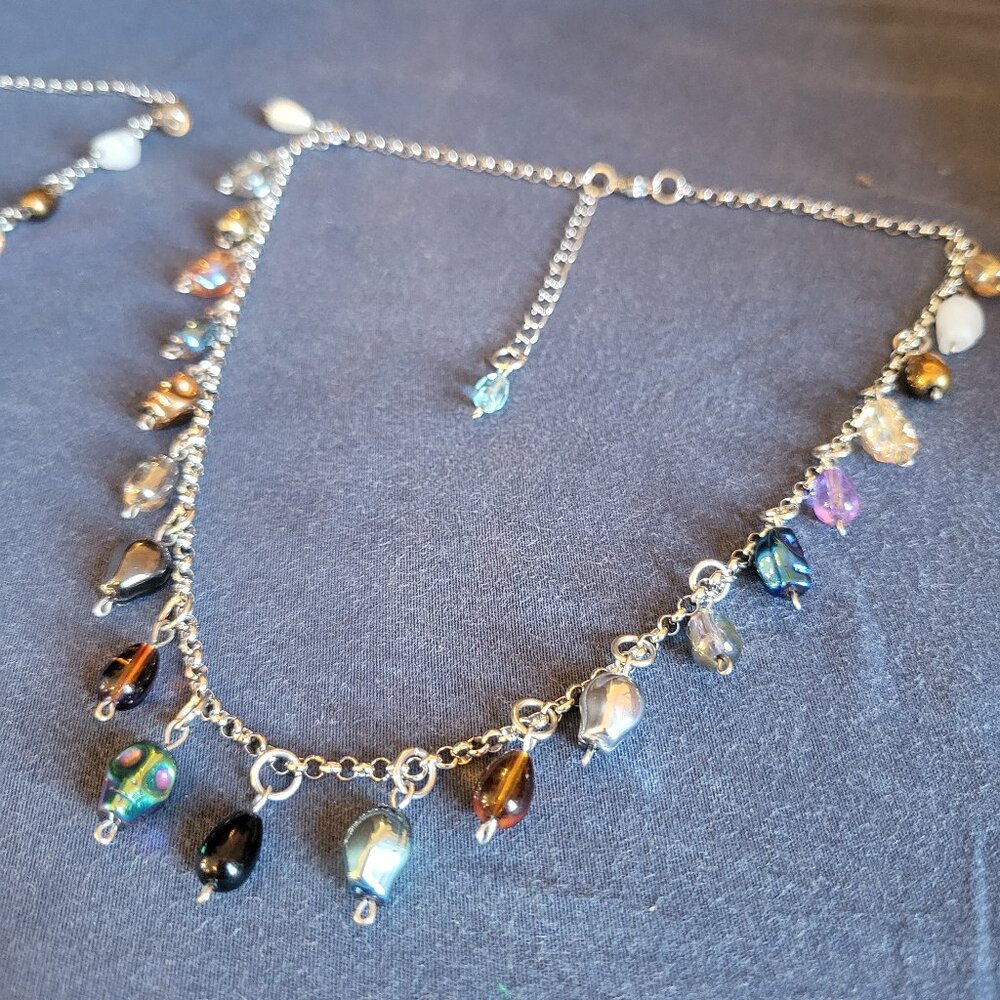 Skull & Drops Charm Necklace - Blue accent bead - Stainless Steel